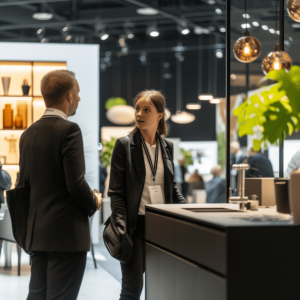 Professionelle Manager diskutieren Strategien am Messestand, Event Organisation