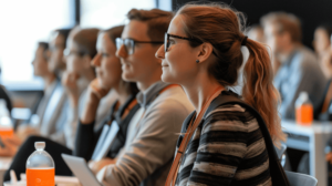 hybrides-event-teilnehmer | Bernstein Agentur Teilnehmer bei einem hybriden Event mit Blick auf die Bühne