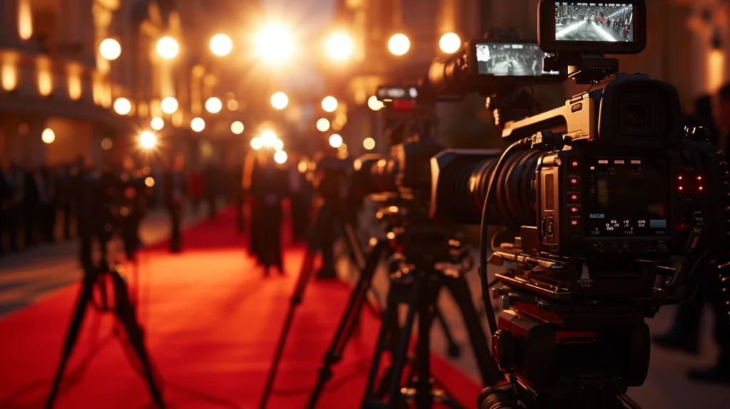 Elegantes Empfangsdekor mit rotem Teppich für eine Hollywood-Firmenfeier