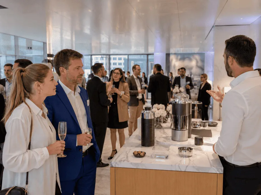 Exklusive Produktpräsentation mit Gästen bei einem Business-Event in Frankfurt