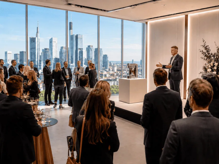 Produktpräsentation in Frankfurt mit Skyline-Blick und professioneller Markeninszenierung