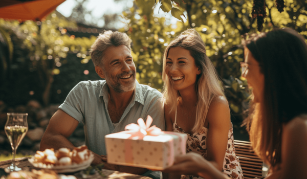 Geburtstagskind erhält Geschenke von Freunden bei seiner 50. Geburtstagsparty