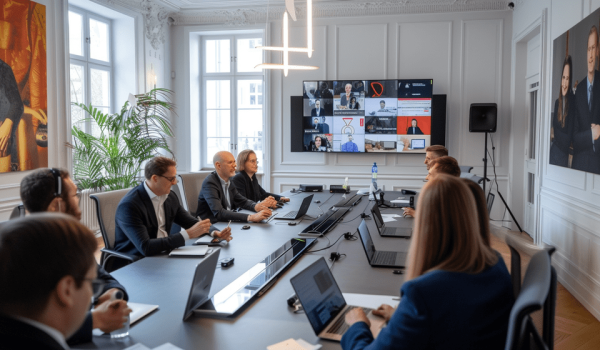 Detailansicht von Meeting-Unterlagen und digitalen Geräten auf dem Konferenztisch